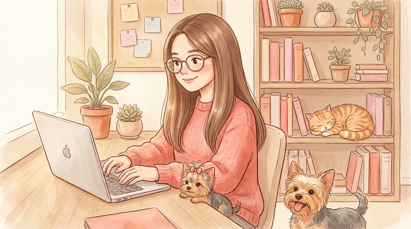 Carol working with her pets Pixel, Tesla, and Miausy