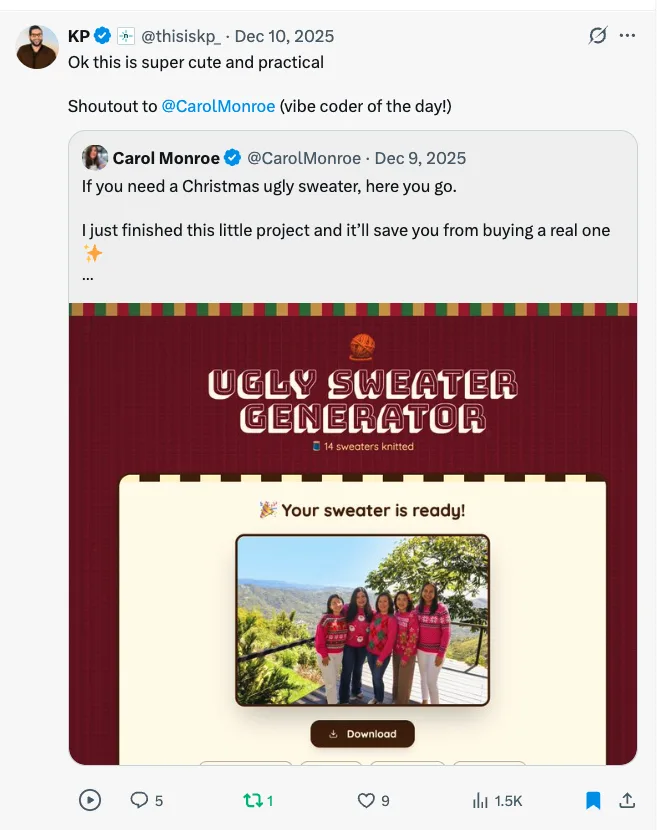 KP quote-tweeting the UglySweater generator