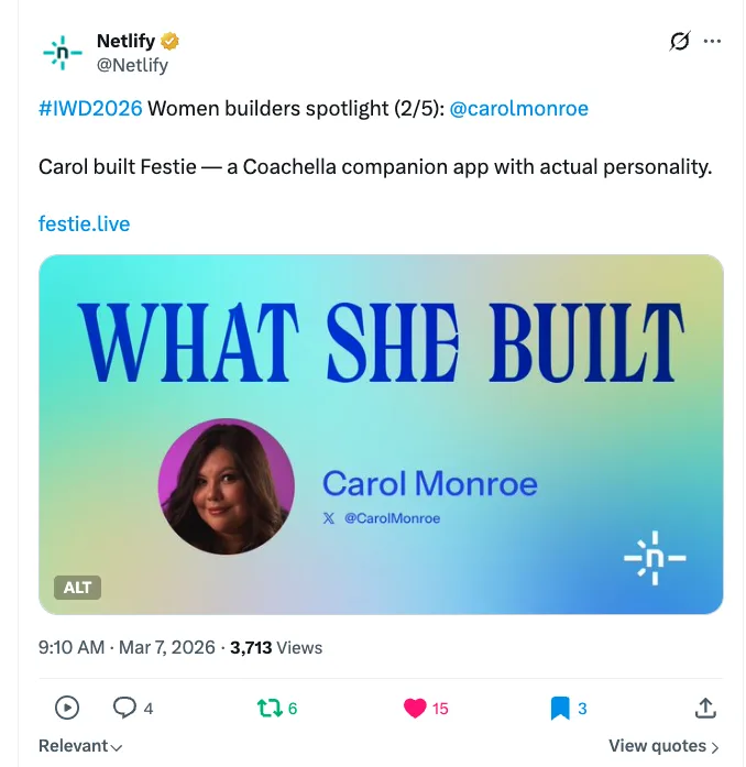 Netlify's International Women's Day post featuring Carol Monroe and Festie